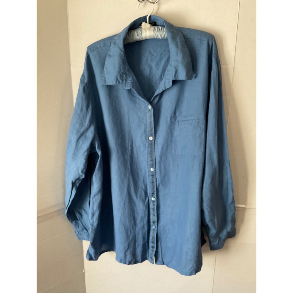 Alexandra Bartlett Woman Blue 100% Linen Button Down Shirt Plus  2X Long Sleeve